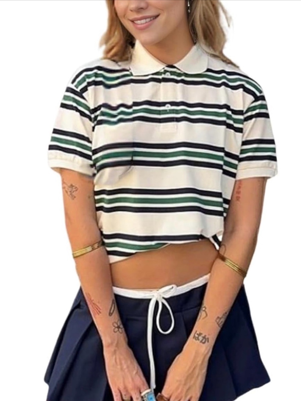 Women's Y2K Striped Rugby Shirt Collared Neck Button Up Polo Short Sleeve L